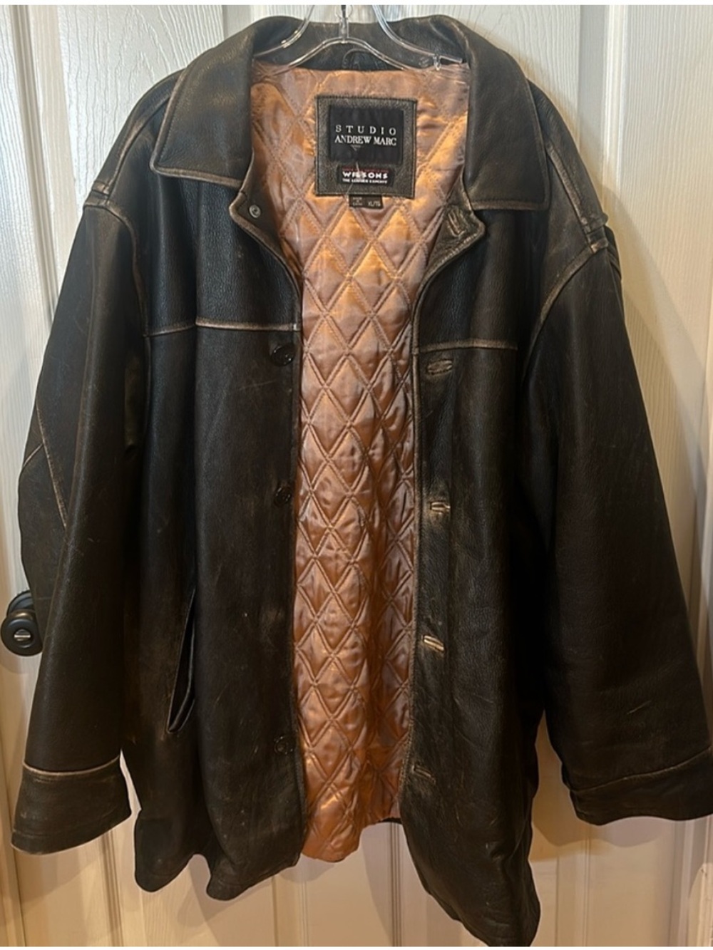 Andrew Marc Black Leather Bomber Jacket with Brown Quilted Lining
